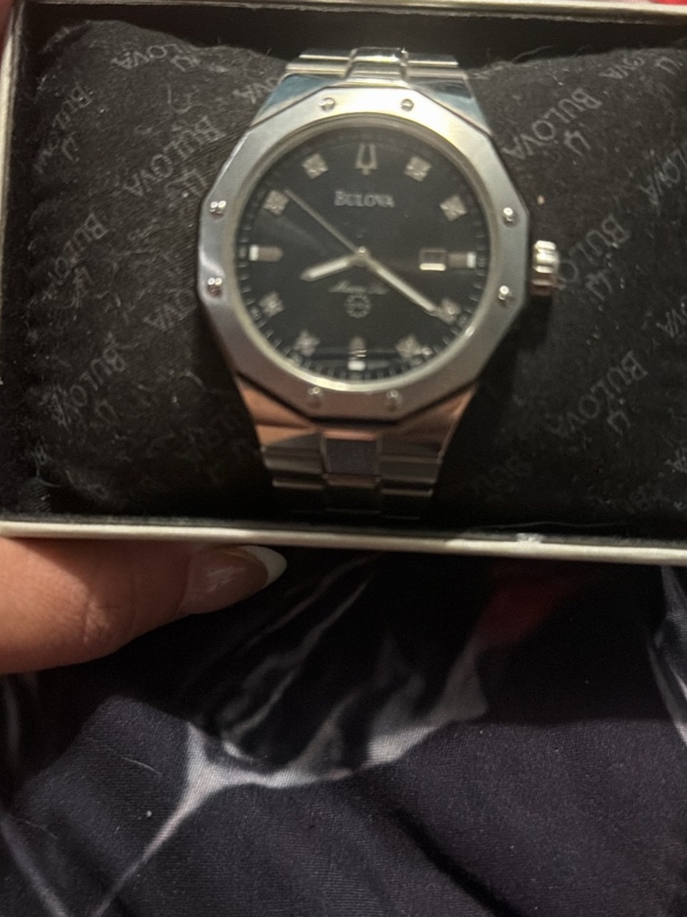 Bulova Silver Stainless Steel Men's Watch with Black Dial and Diamond Markers